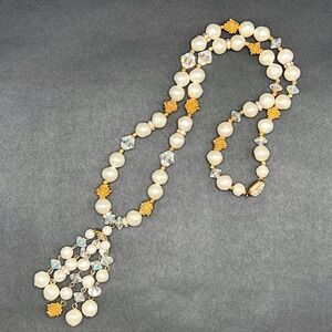 Faux Pearl Tassel Necklace White Gold Tone AB Crystals Rhinestone Box Clasp